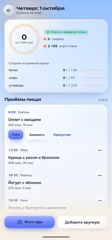 Экран «Дневник питания»: кольцо калорий, белки, жиры, углеводы и приёмы пищи с отметками