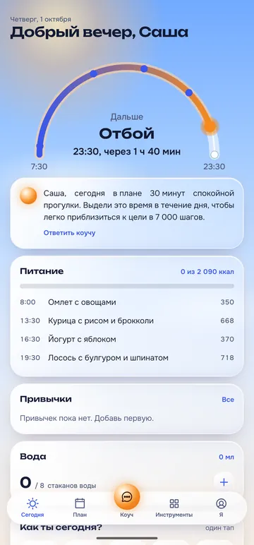 Экран «Сегодня»: дуга дня с солнцем в точке «сейчас», карточка коуча и список приёмов пищи